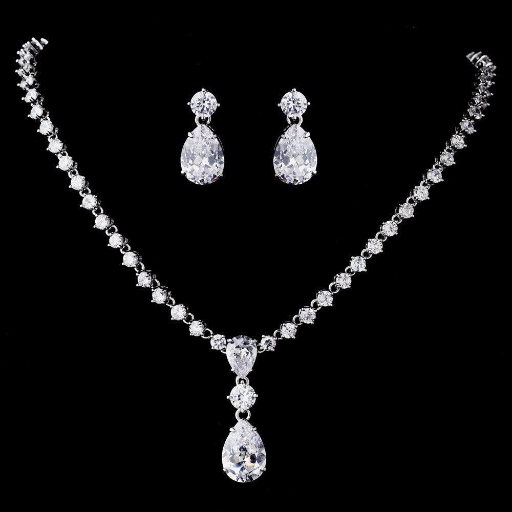 Silver Clear CZ Bridal Wedding Necklace & Earring Set 1308