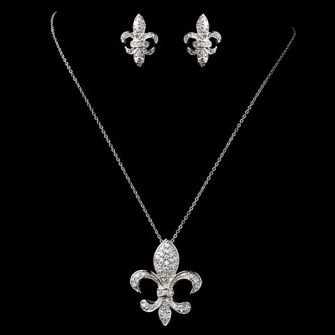 Antique Silver Clear Fleur De Lis CZ Crystal Bridal Wedding Jewelry Set 1309