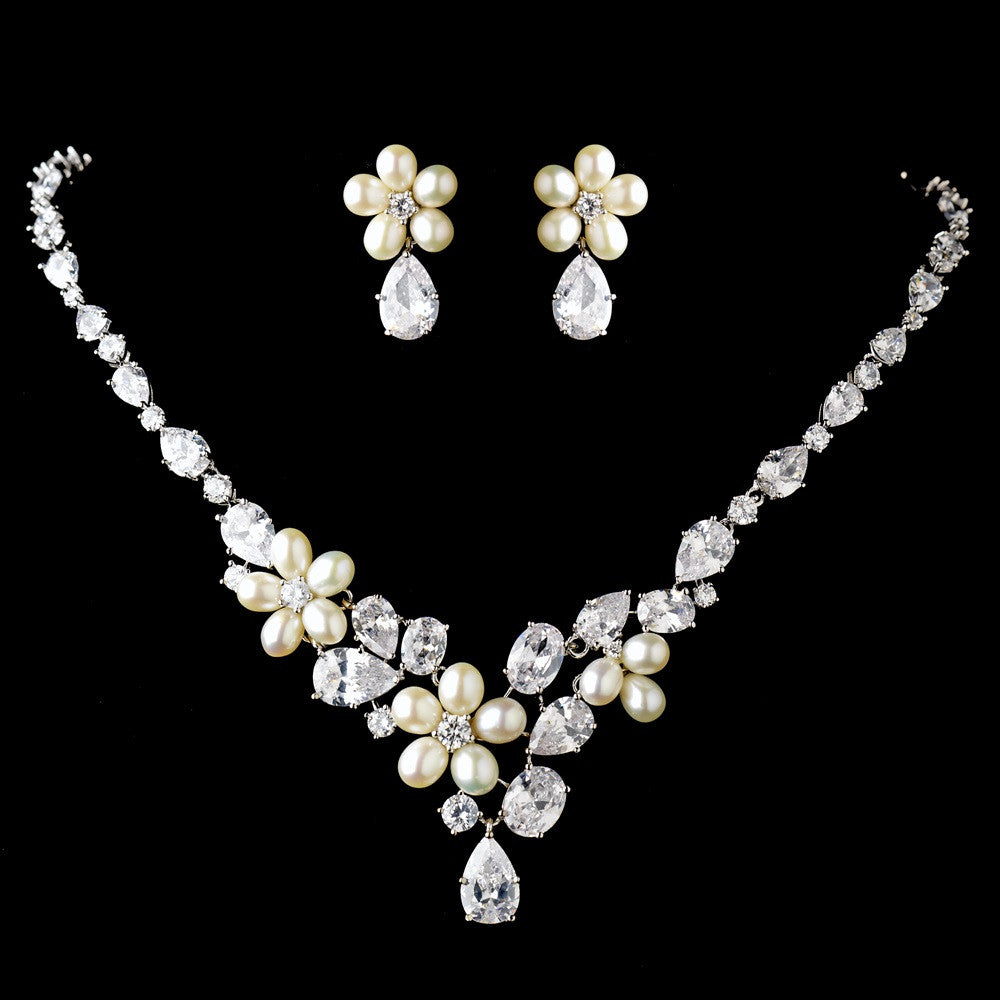 Antique Silver Freshwater Pearl & CZ Crystal Bridal Wedding Jewelry Set 1310