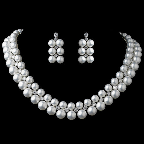 Rhodium White Pearl & CZ Bridal Wedding Jewelry Set 1314