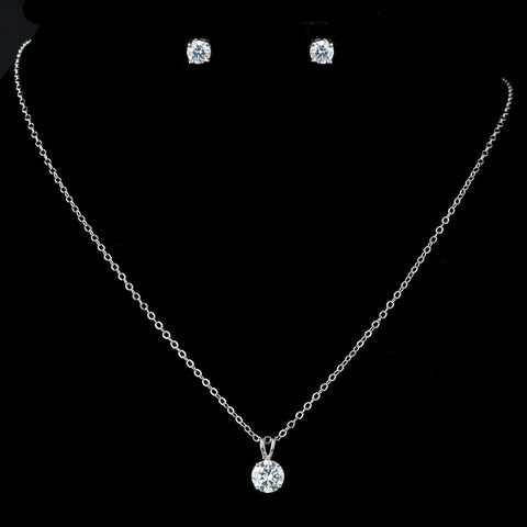 Silver Clear Round Pendent Drop Bridal Wedding Jewelry Set 13164