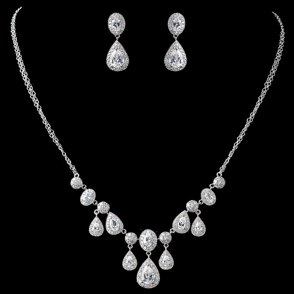 Rhodium Clear CZ Teardrop Bridal Wedding Jewelry Set