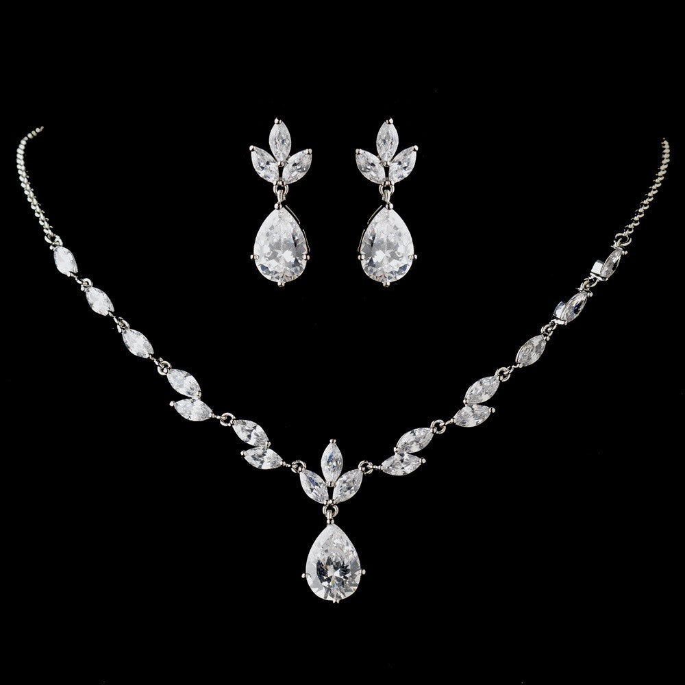 Antique Silver Rhodium Clear CZ Crystal Bridal Wedding Jewelry Set 1319