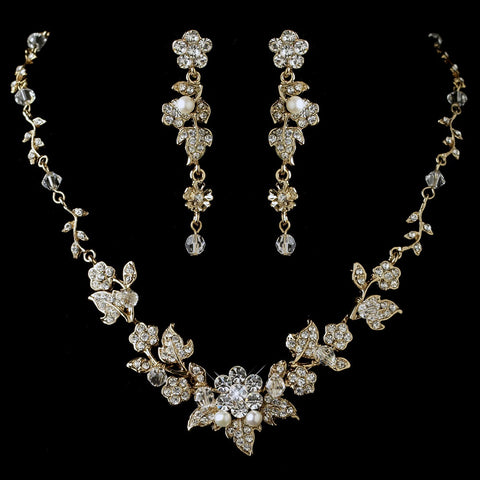 Swarovski Crystal Floral Bridal Wedding Jewelry Set NE 1320 Gold Clear