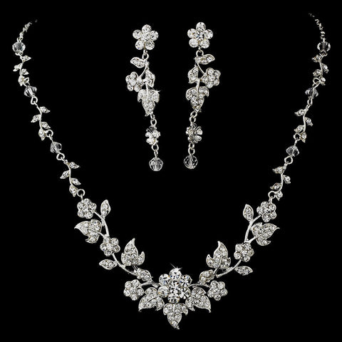 Swarovski Crystal Floral Bridal Wedding Jewelry Set NE 1320 Silver Clear
