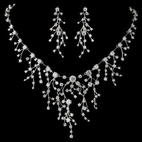 Antique Silver Rhodium Clear CZ Crystal Statement Bridal Wedding Jewelry Set 1400