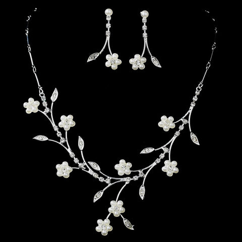 Bridal Wedding Necklace Earring Set 142 Silver Ivory/White