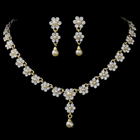 * Gold & Ivory Pearl Bridal Wedding Necklace and Bridal Wedding Earrings NE 156