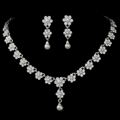 * Silver & White Pearl Bridal Wedding Necklace and Bridal Wedding Earrings NE 156