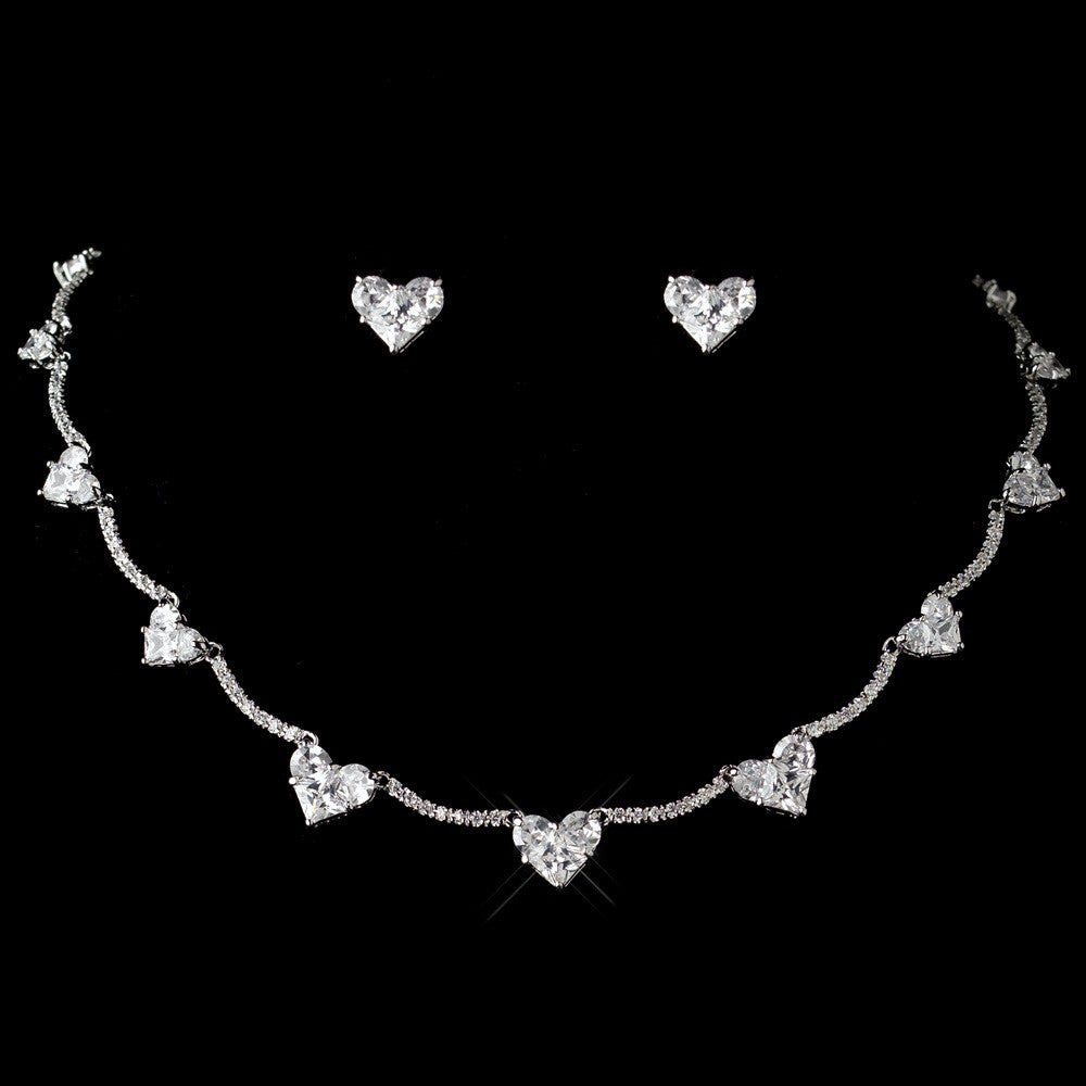 Antique Rhodium CZ Crystal Heart Curved Bridal Wedding Jewelry Set 1580
