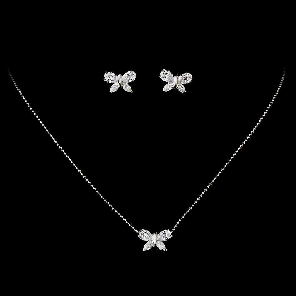 Gorgeous Silver CZ Butterfly Bridal Wedding Necklace & Earrings Set NE 2019