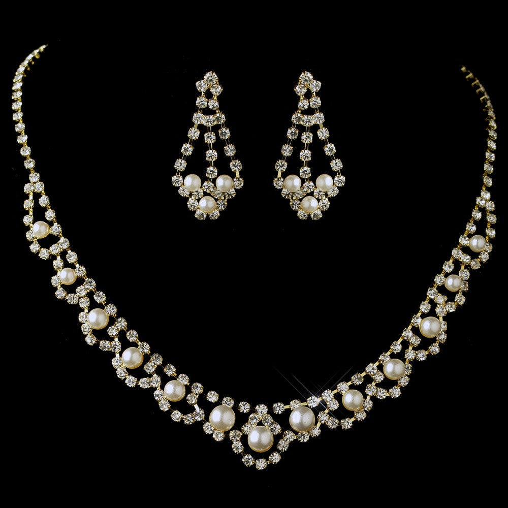 Gold Ivory Pearl & Rhinestone Bridal Wedding Jewelry Set