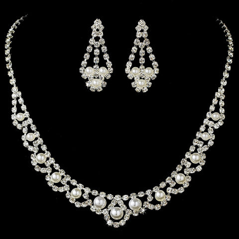 Fabulous Rhinestone Pearl Bridal Wedding Necklace & Earring Set 224 (Silver White or Gold Ivory)