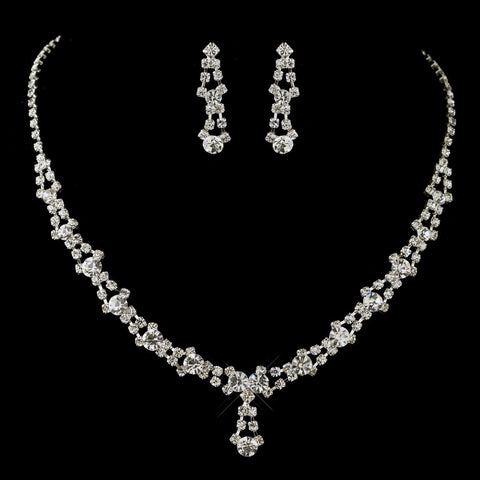 Silver and Clear Crystal Bridal Wedding Necklace Earring Set NE 228