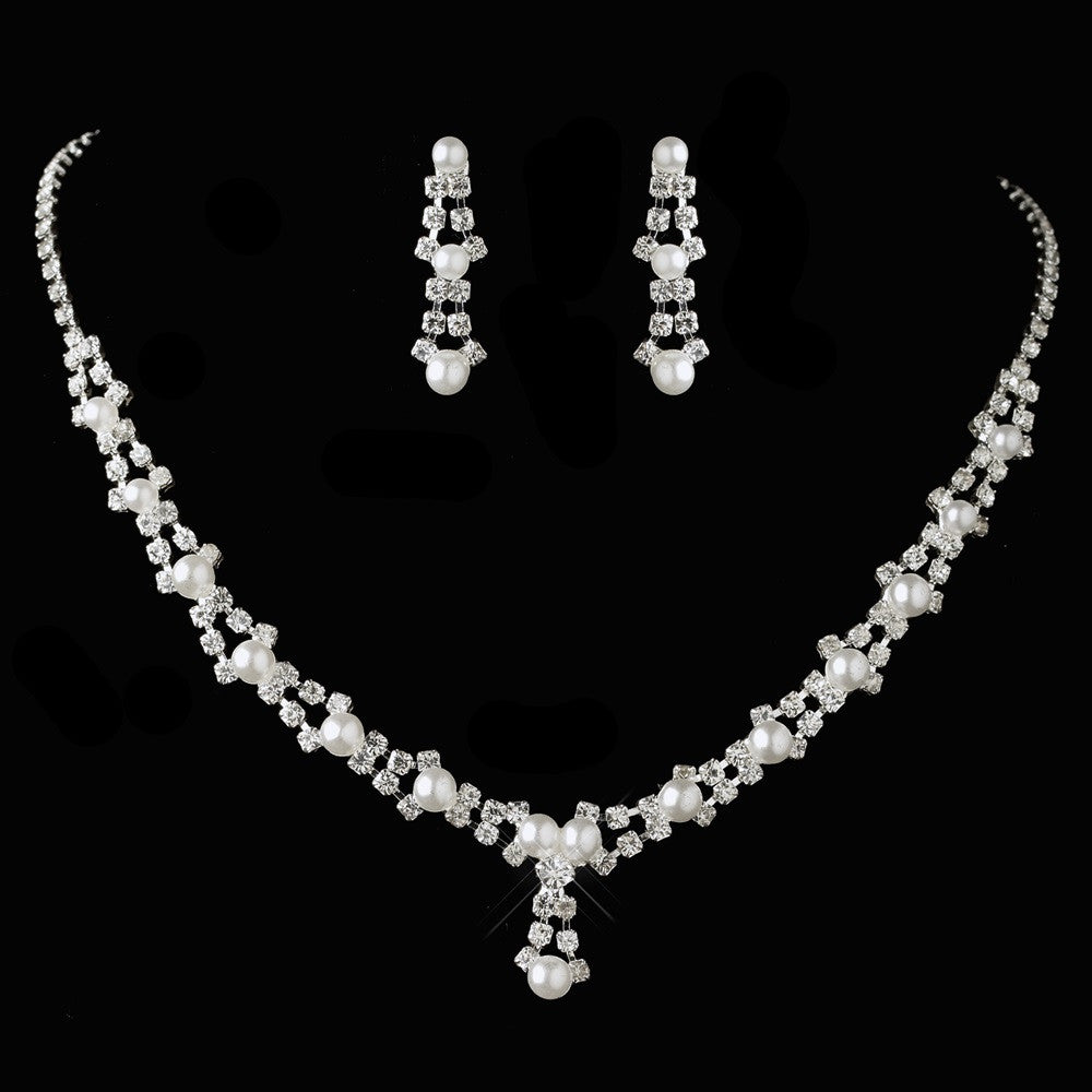 Silver White Pearl Bridal Wedding Necklace Earring Set NE 228