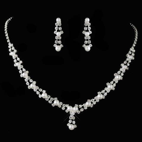 Silver White Pearl Bridal Wedding Necklace Earring Set NE 228