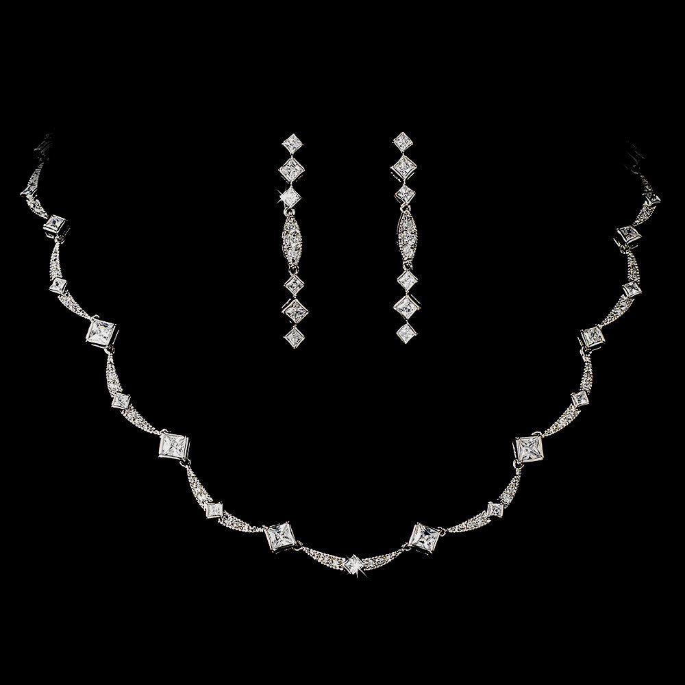 Vintage Silver Clear CZ Bridal Wedding Necklace Earring Set NE 2349