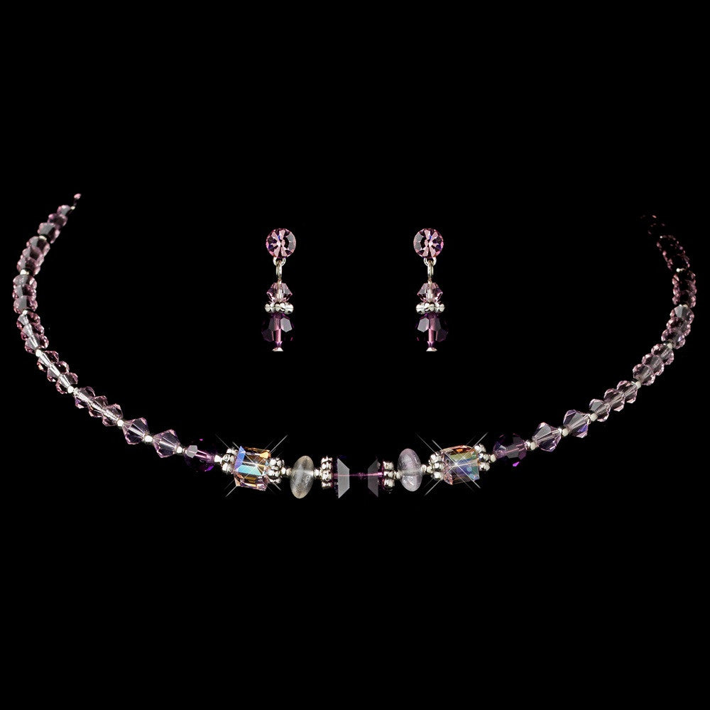 * Silver Light Amethyst Bridal Wedding Necklace Earring Set NE 238