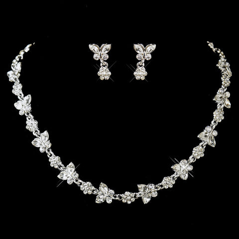 Silver Clear Rhinestone Bridal Wedding Necklace & Earrings Floral Butterfly Bridal Wedding Jewelry Set 2876