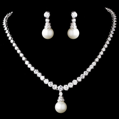 Silver Diamond White Pearl Bridal Wedding Necklace and Earring Set 3068