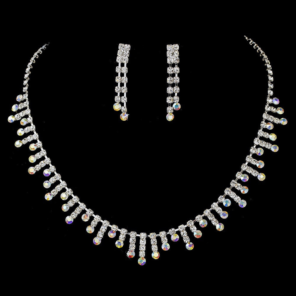 Rhinestone Bridal Wedding Necklace & Earring Set NE 3071 Silver Clear