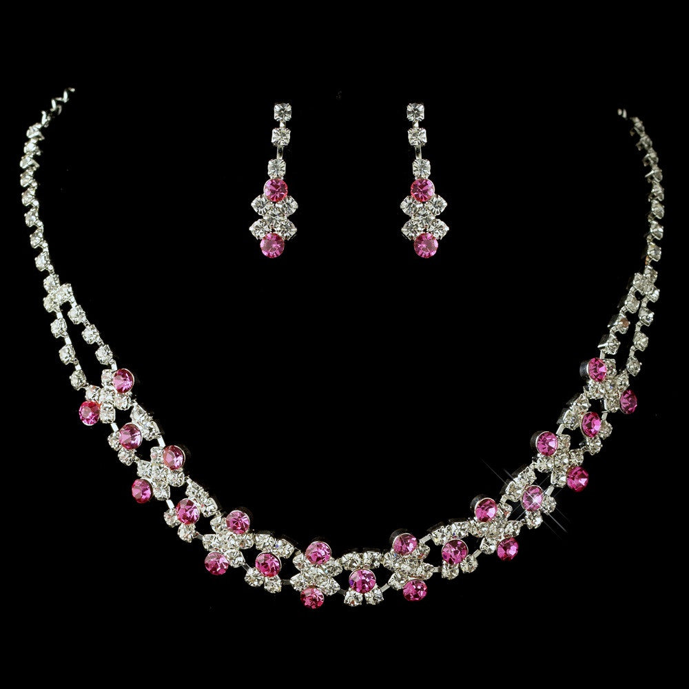 Fabulous Silver Pink & Clear Rhinestone Bridal Wedding Necklace & Earring Set 3092