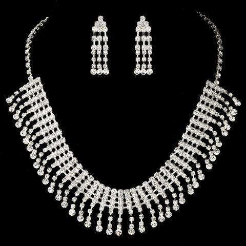 Rhinestone Choker Statement Bridal Wedding Necklace Earring Set NE 3094 Silver Clear