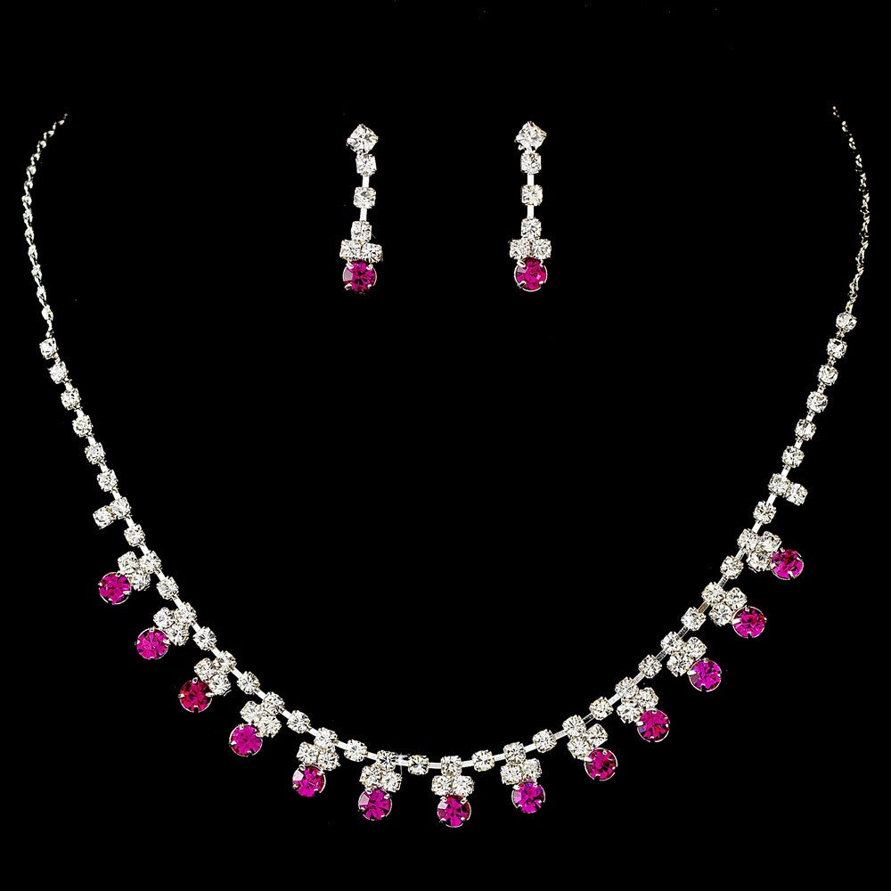 Bridal Wedding Necklace Earring Set NE 3108 Silver Fuchsia