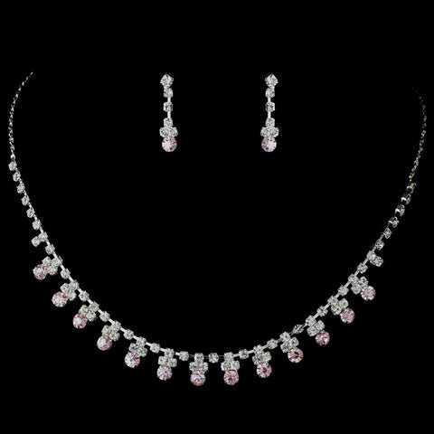 Bridal Wedding Necklace Earring Set NE 3108 Silver Pink