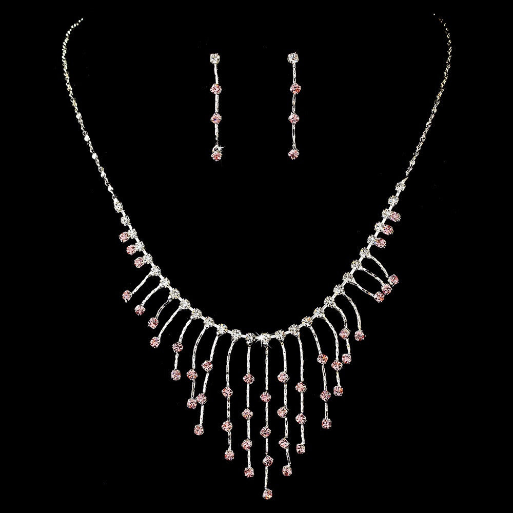 Bridal Wedding Necklace Earring Set 3126 Silver Pink