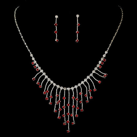 Bridal Wedding Necklace Earring Set 3126 Silver Red