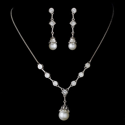 Ravishing Silver Clear Crystal & White Pearl Drop Bridal Wedding Necklace & Earring Set 3225