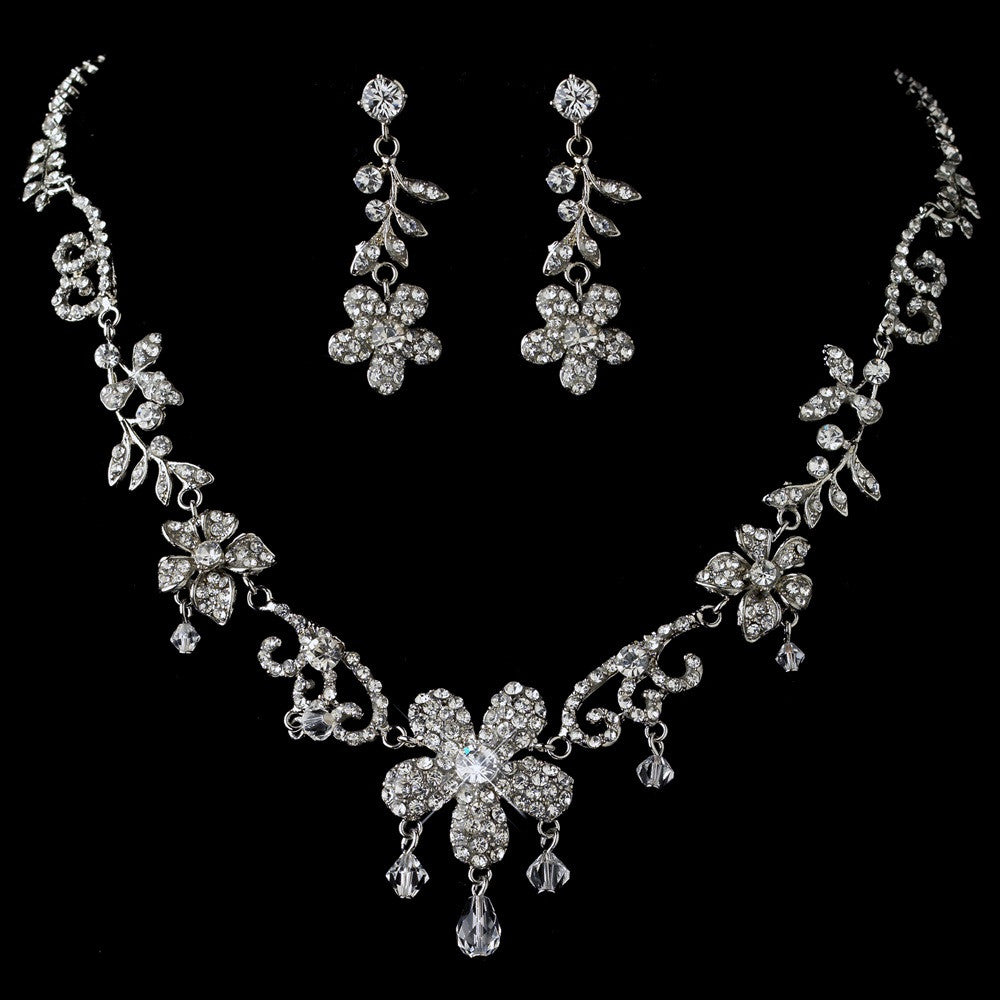Rhodium Clear Swarovski Crystal Bead, Rondelle & Rhinestone Flower Bridal Wedding Jewelry Set 3371