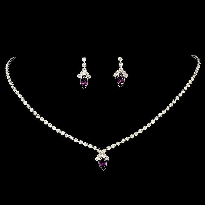 Beautiful Dark Amethyst Crystal Bridal Wedding Jewelry Set NE 342