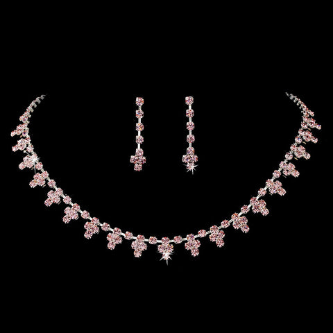 * Bridal Wedding Necklace Earring Set 352 Silver Pink