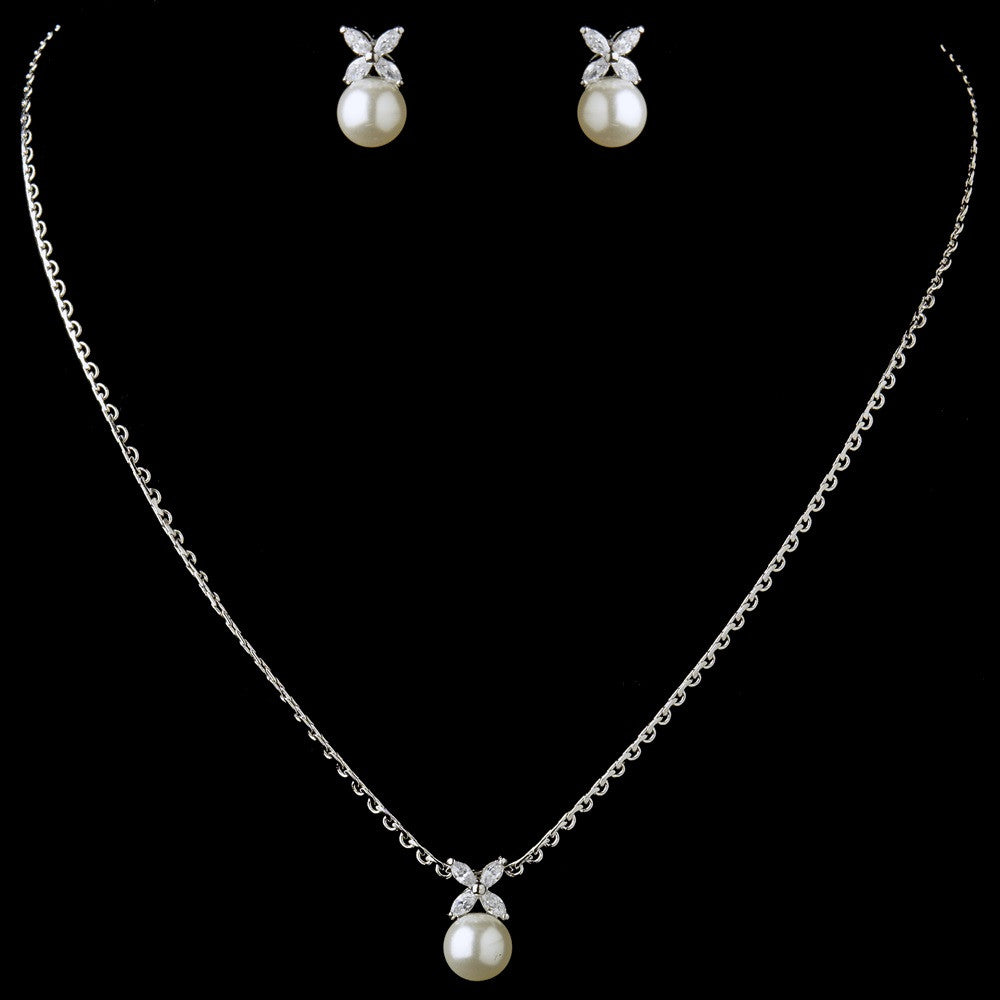 Antique Silver Diamond White Pearl & Marquise CZ Drop Bridal Wedding Jewelry Set 3545