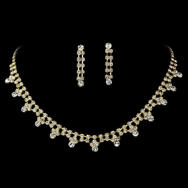 Gold & Clear Rhinestone Bridal Wedding Necklace & Earring Set NE 362