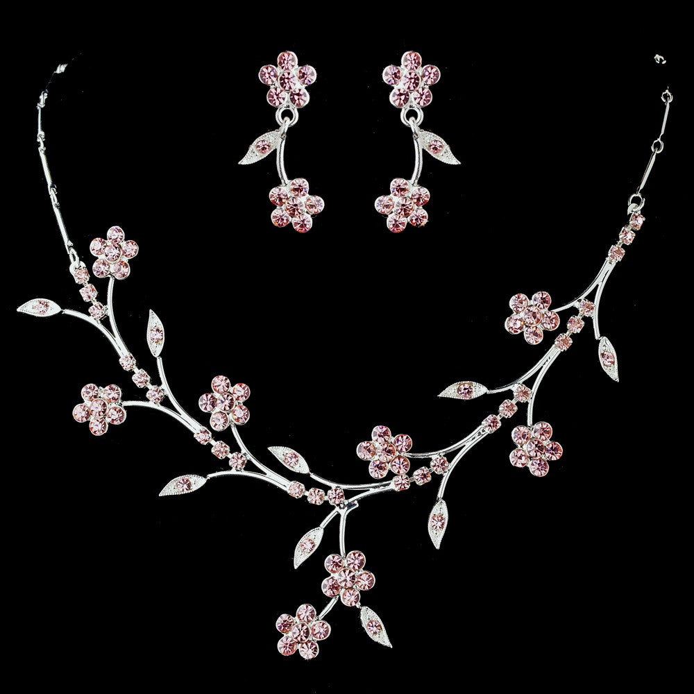 Bridal Wedding Necklace Earring Set NE 363 Silver Pink