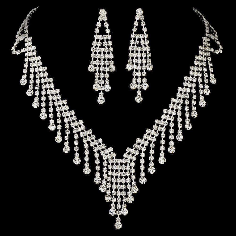 * Elaborate Silver Crystal Statement Bridal Wedding Necklace & Earring Set NE 374