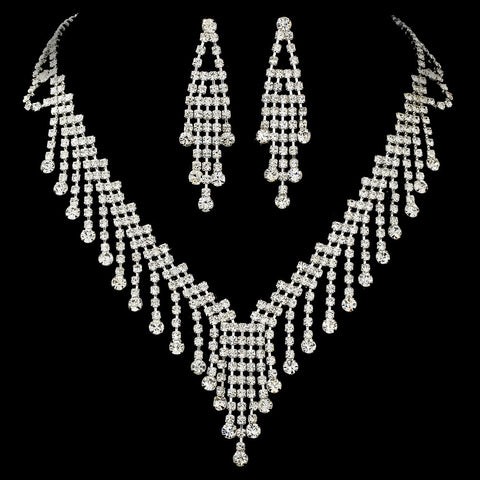 * Elaborate Silver Crystal Statement Bridal Wedding Necklace & Earring Set NE 374