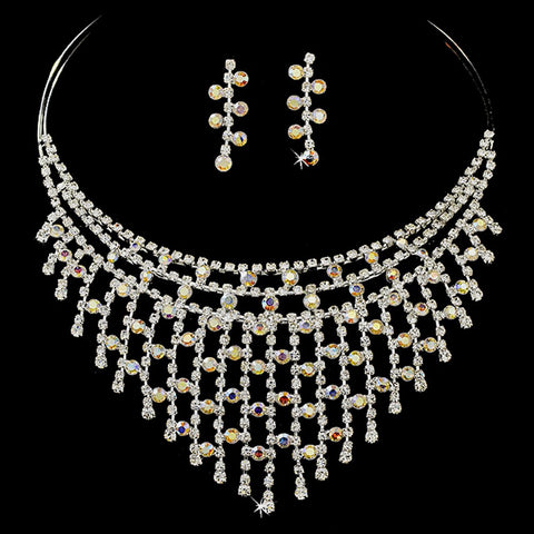 * Exquisite Silver AB Rhinestone Statement Bridal Wedding Necklace & Earring Set NE 379
