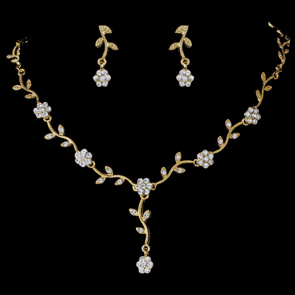 * Charming Gold Clear Rhinestone Bridal Wedding Necklace & Earring Set 383