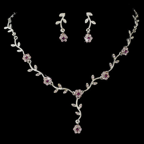 * Charming Silver Amethyst Rhinestone Bridal Wedding Necklace & Earring Set 383
