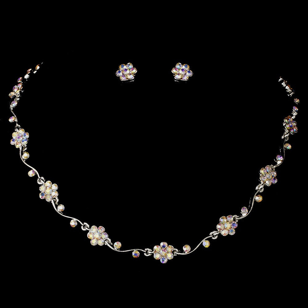 Silver AB Floral Rhinestone Bridal Wedding Necklace & Earring Set NE 384