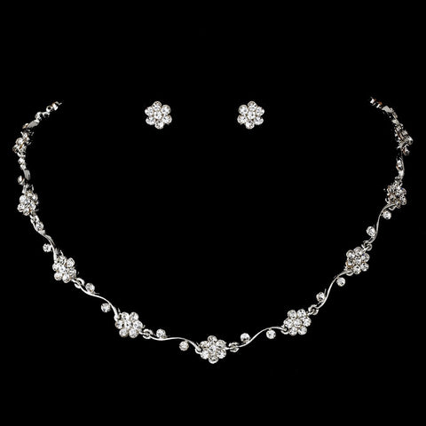 Silver Clear Floral Rhinestone Bridal Wedding Necklace & Earring Set NE 384