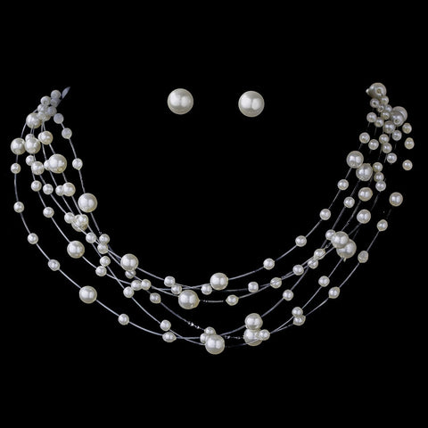 Six Strand Illusion Pearl Bridal Wedding Necklace and Earring Set 3976