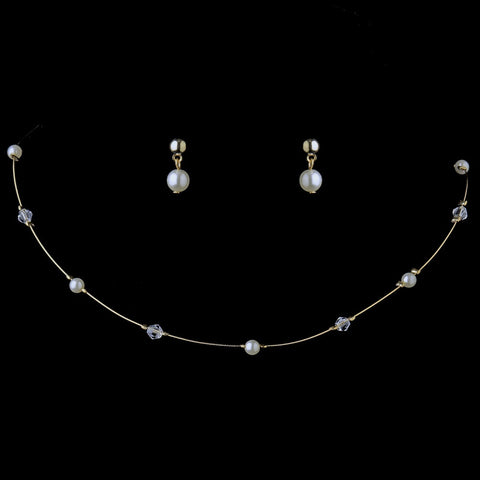 Lovely Children's Gold Ivory Pearl & Clear Crystal Bead Bridal Wedding Necklace & Earring Set 408
