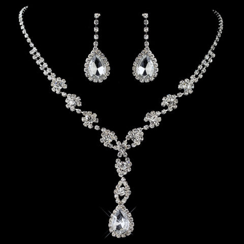 Silver Clear Rhinestone Flower Drop Bridal Wedding Jewelry Set 4098