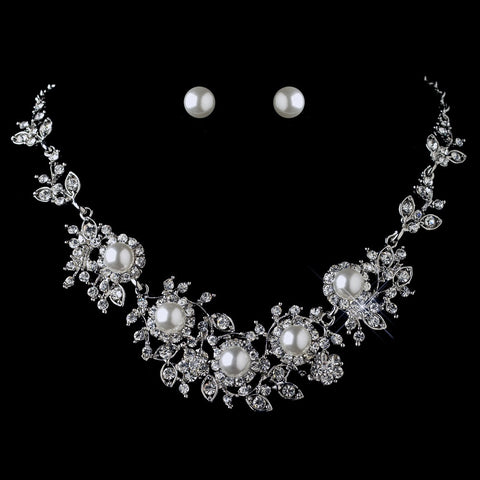 Rhodium White Pearl & Rhinestone Vintage Floral Bridal Wedding Jewelry Set 4147