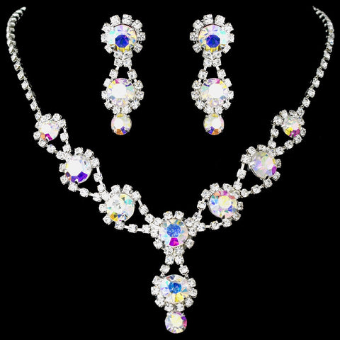 Silver Bridal Wedding Necklace & Earring Set with Aurora Borealis Crystals and Clear Rhinestones 4362
